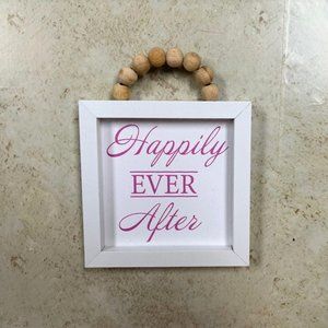 NEW Farmhouse Happily Ever After sign 5.75" square white pink wood beads hanging